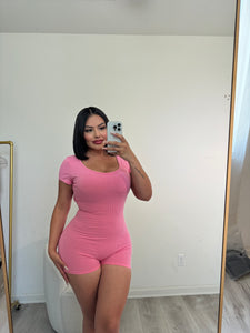 Snatched short sleeve open back romper (sachet pink) 3114