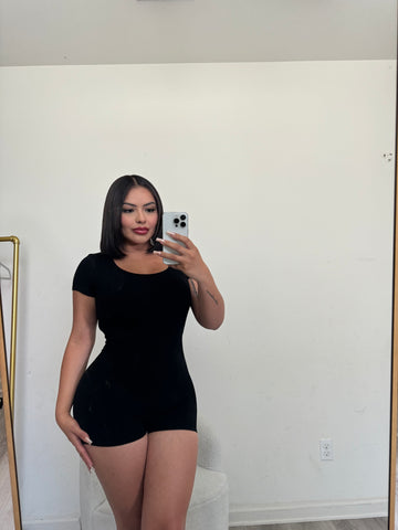 Snatched short sleeve open back romper (black) 3114